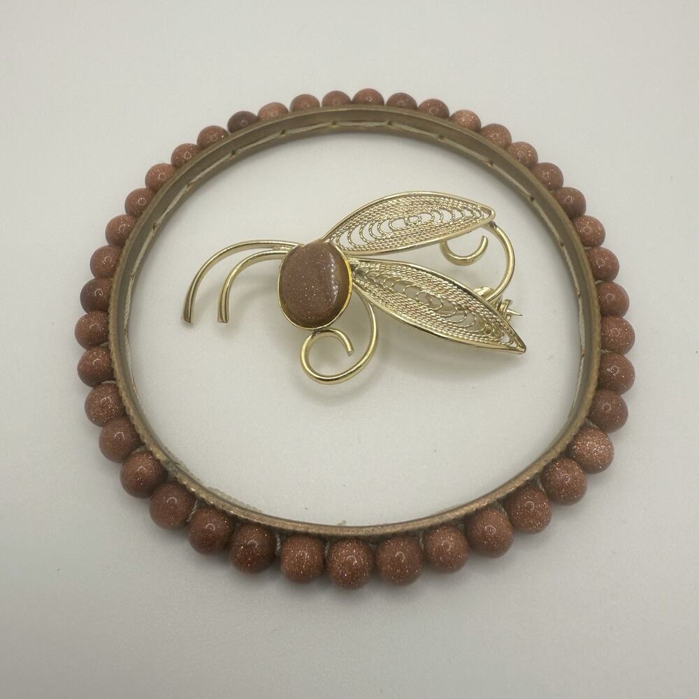Vintage Goldstone Bracelet Brooch Leaf Bug Bangle 7”